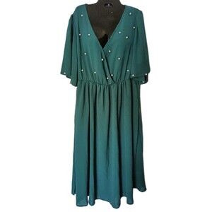 BloomChic Surplice Dress Pearl Embellished Size XL 14/16 Green Dolman Sleeve
